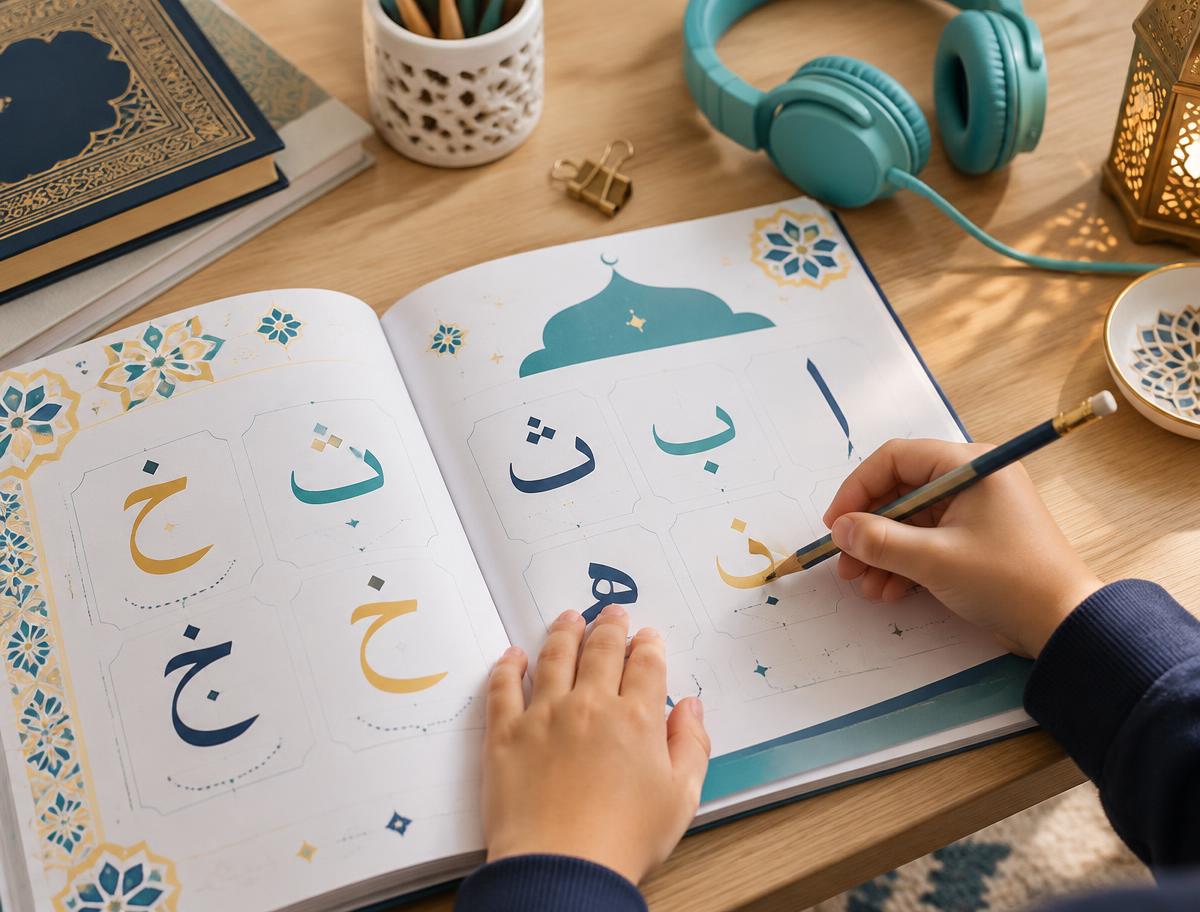 Nahaufnahme eines Lernhefts mit arabischen Buchstaben
